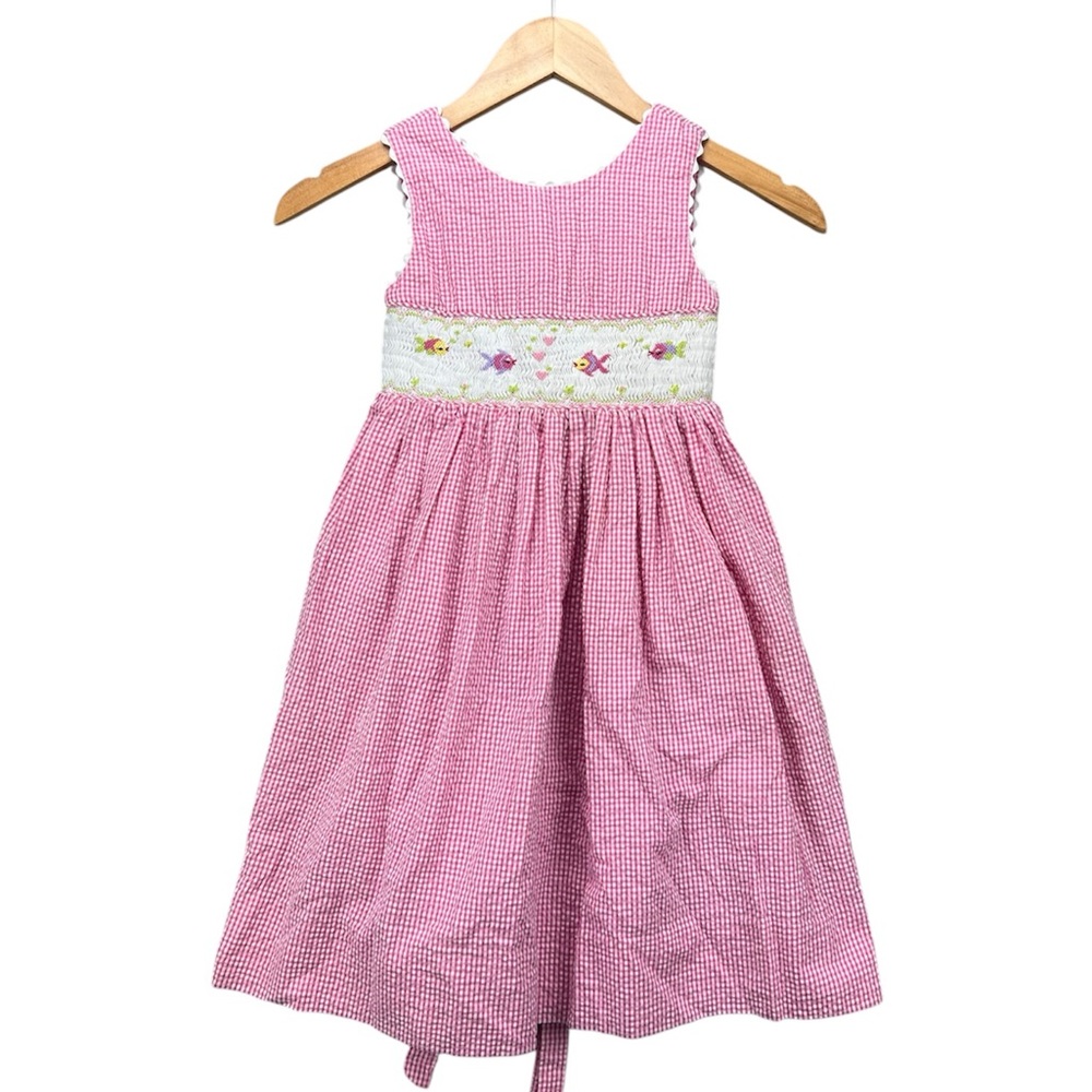 Vintage Just Friends Girls Dress Smocked Gingham Embroidered Needlepoint M (5)